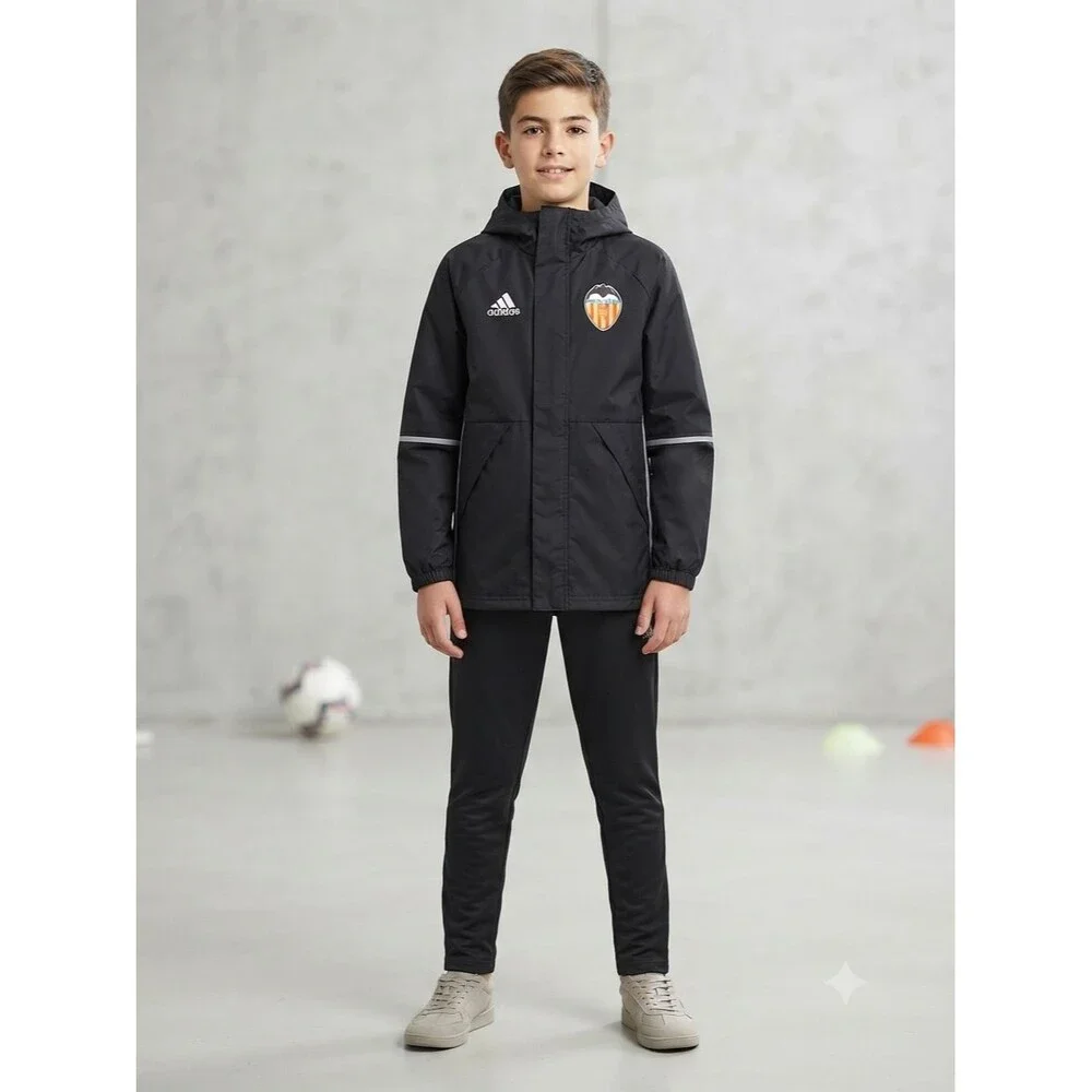 NWOT Adidas Valencia CF Youth Rain Jacket Windbreaker Black Hooded Size M 11-12